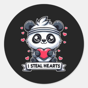 Pegatina Redonda Día de San Valentín Roba Corazones Oso Panda Lindo