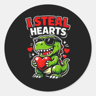 Pegatina Redonda Día de San Valentín Roba Corazones T-rex