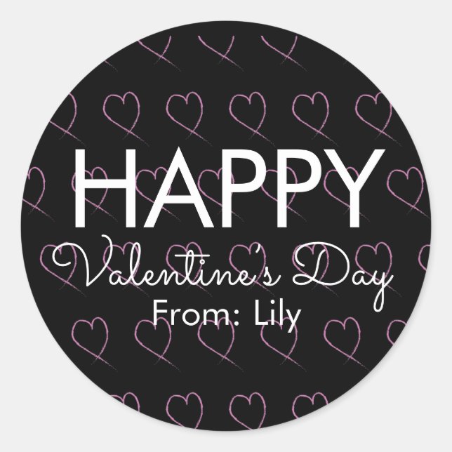 Pegatina Redonda Día de San Valentín Scribble Hearts Pink Black (Anverso)