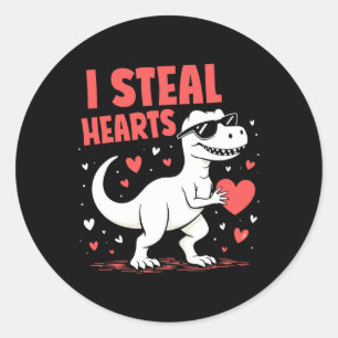 Pegatina Redonda Día de San Valentín T-rex I Steed Hearts Dinosaur