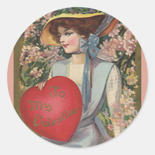 Pegatina Redonda Día de San Valentín Vintage, Dama Elegante con Cor