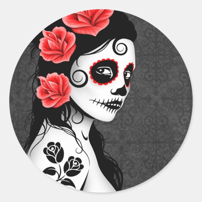 Pegatina Redonda Día del Chica del cráneo del azúcar muerto - gris (Anverso)