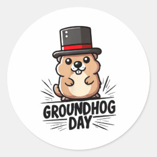 Pegatina Redonda Día del Día de la Marmota Lindo Feliz 2 de Febrero