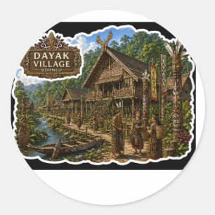 PEGATINA REDONDA DÍA DEL TÍTULO PUEBLO DAYAK CULTURA TRIBAL BORNEO