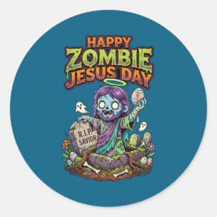 Pegatina Redonda Día divertido y feliz de Jesús zombie de Pascua pa