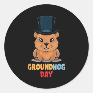 Pegatina Redonda Día divertido y feliz de la marmota 2 de febrero F