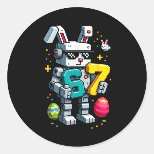 Pegatina Redonda Día feliz de Pascua niños conejo huevo 6 7 meme ch