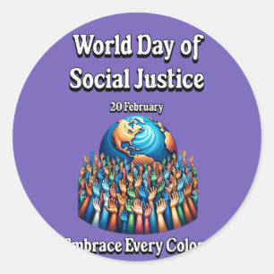 Pegatina Redonda Día Mundial de la Justicia Social. Abraza Cada Col