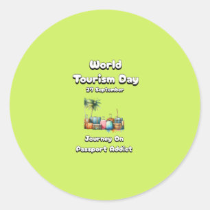 Pegatina Redonda Día Mundial del Turismo. Viaje En Adicto De Pasapo