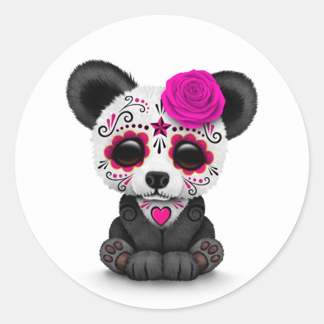 Pegatina Redonda Día rosado del Panda de la calavera del azúcar mue (Anverso)