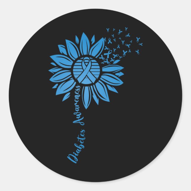 Pegatina Redonda Diabetes Awareness Month Sunflower Blue Ribbon Sup (Anverso)