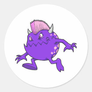 Pegatina Redonda diablo punk morado con mohawk monstruo