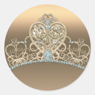 Pegatina Redonda Diadema de corazón de princesa glamour dorada para