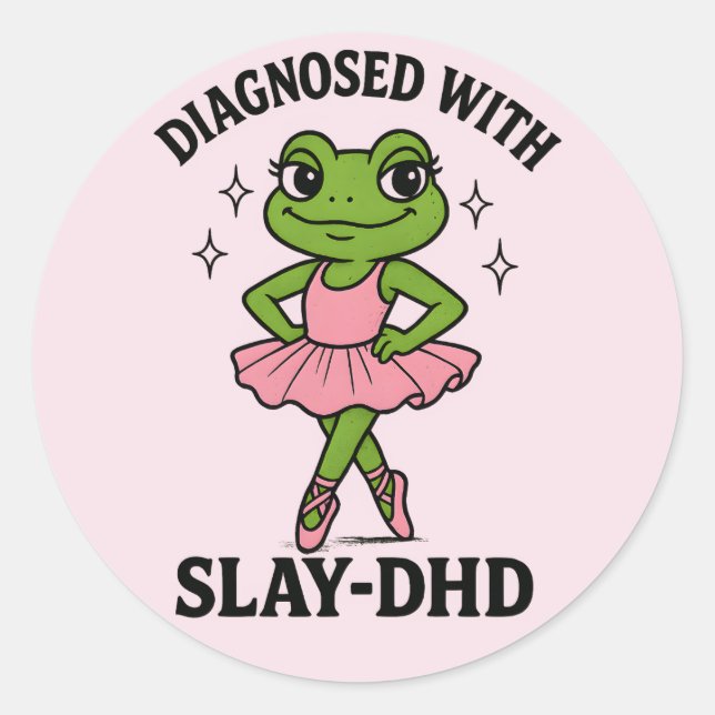 Pegatina Redonda Diagnosed Slay-DHD Frog Ballerina ADHD (Anverso)