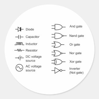 Pegatina Redonda Diagrama de elementos comunes del circuito eléctri