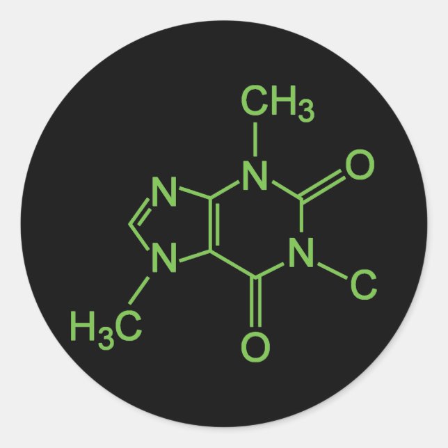 Pegatina Redonda Diagrama Químico de la Molécula de Cafeína (Anverso)