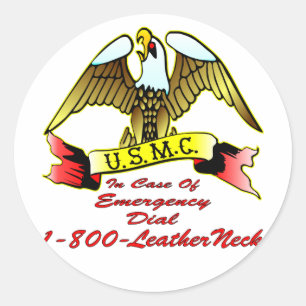 Pegatina Redonda Dial 1-800-LeatherNeck del USMC en caso de