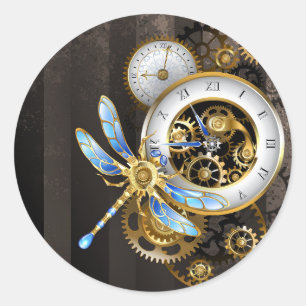 Pegatina Redonda Diales de Steampunk con libélula