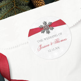 Pegatina Redonda Diamante Snowflake & Red Ribbon Boda de Invierno