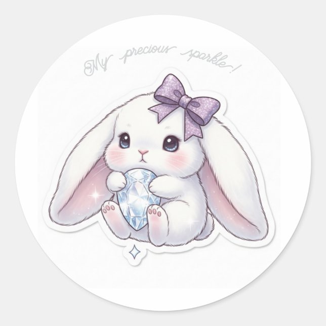 Pegatina Redonda Diamond Dream Bunny - Sparkle Gemstone Kawaii Art  (Anverso)