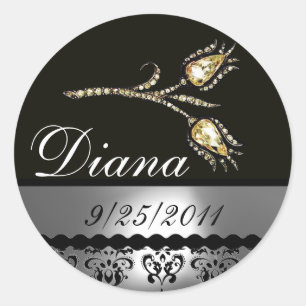 Pegatina Redonda DIAMOND TULIPS BLANCO NEGRO DAMASK,Save Date