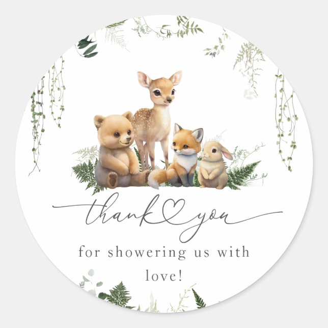 Pegatina Redonda Diapé Baby Shower neutro para animales de Woodland (Anverso)
