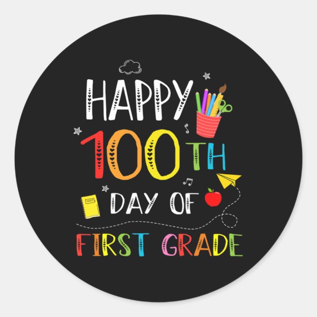 Pegatina Redonda Días de 1º Grado Feliz 100 Día de Enseñanza Escola (Anverso)