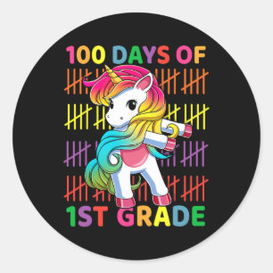 Pegatina Redonda Días De 1° Grado Unicornio Flosante 100° Día De Sc