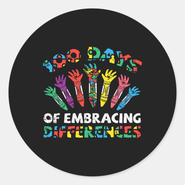 Pegatina Redonda Días de abrazar el autismo 100 días de clases de t (Anverso)