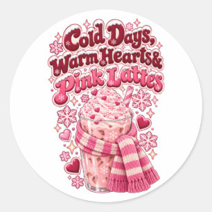 Pegatina Redonda Días Fríos Corazones Cálidos Lattes Rosas Navidad