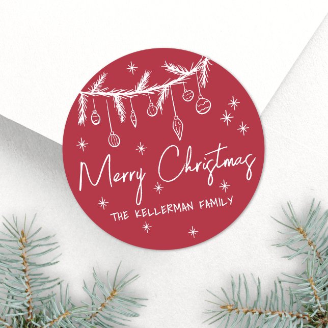 Pegatina Redonda Dibujado a mano Rojo Feliz Navidad (Hand Drawn Red Merry Christmas Classic Round Sticker)