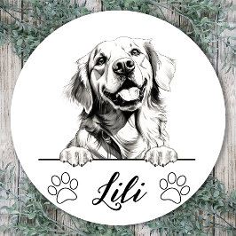 Pegatina Redonda Dibujo a Mano de Golden Retriever Personalizado