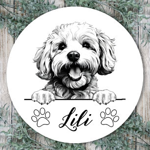 Pegatina Redonda Dibujo a Mano de Perro Bichon Frise Personalizado