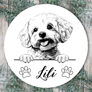 Pegatina Redonda Dibujo a Mano de Perro Bichon Frise Personalizado