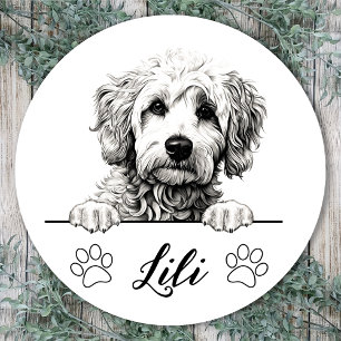 Pegatina Redonda Dibujo a mano de perro de Goldendoodle personaliza