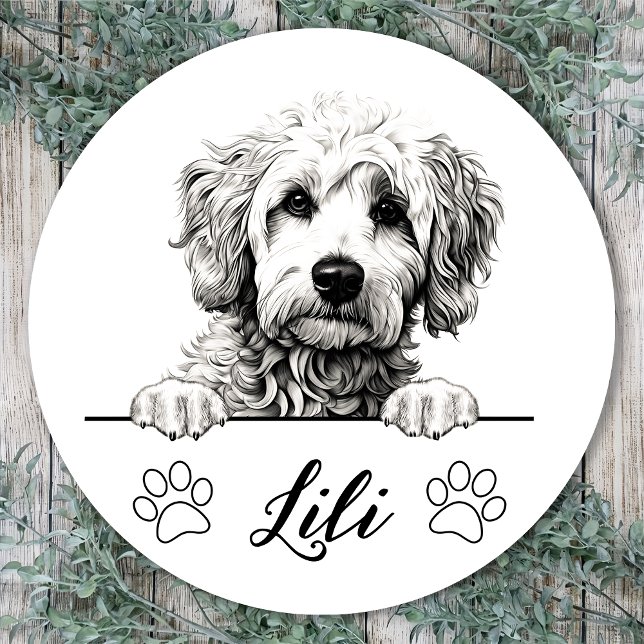 Pegatina Redonda Dibujo a mano de perro de Goldendoodle personaliza (Subido por el creador)