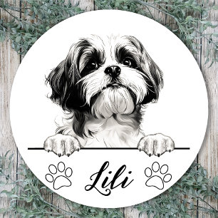 Pegatina Redonda Dibujo a mano de perro Shih Tzu personalizado