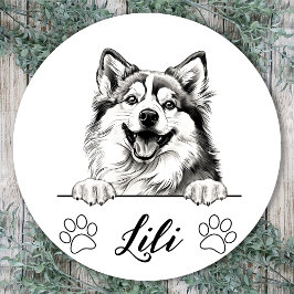Pegatina Redonda Dibujo a mano personalizado de perro Pomsky
