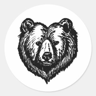 Pegatina Redonda Dibujo a tinta de la cara de un oso en blanco y ne