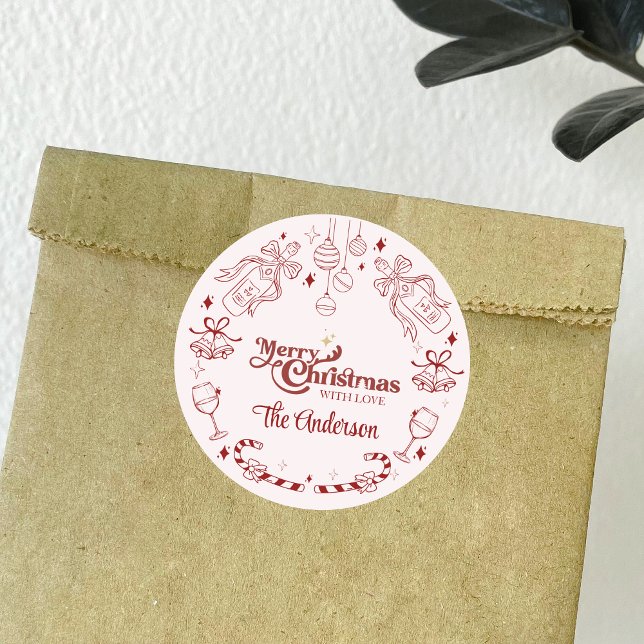 Pegatina Redonda Dibujo adorable de Navidad en rosa con el apellido (Subido por el creador)