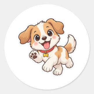 Pegatina Redonda Dibujo animado de cachorro juguetón