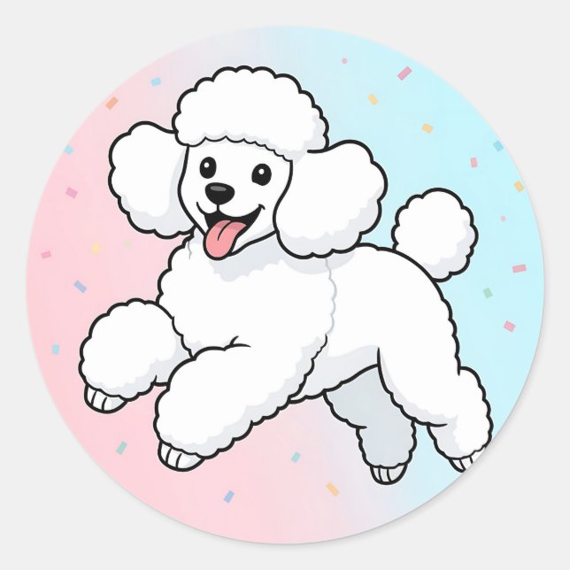 Pegatina Redonda Dibujo animado de caniche blanco feliz (Anverso)