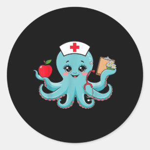 Pegatina Redonda Dibujo Animado de Enfermera de Pulpo para Mujeres