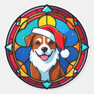 Pegatina Redonda Dibujo animado de perro con sombrero de Santa fest