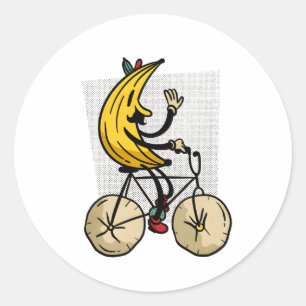 Pegatina Redonda Dibujo animado de plátano retro montando bicicleta