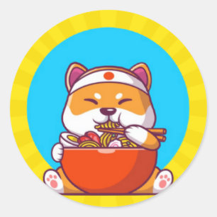 Pegatina Redonda Dibujo animado de Shiba Inu lindo comiendo fideos