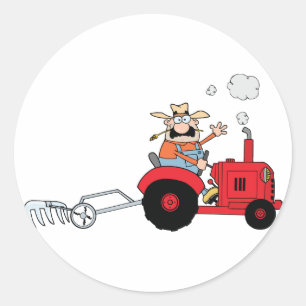 Pegatina Redonda Dibujo animado de tractor de granjero divertido
