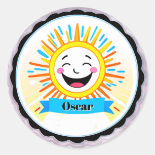 Pegatina Redonda Dibujo animado del sol alegre con cara sonriente