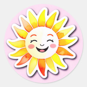 Pegatina Redonda Dibujo animado del sol alegre con cara sonriente