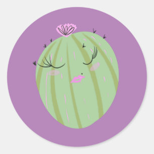 Pegatina Redonda Dibujo animado divertido cactus morado